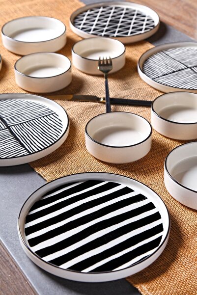 Kitchen Life 12 Piece Stackable Pop Black and White Breakfast Set for 6 People - Luxury Breakfast Presentation Plate Set
