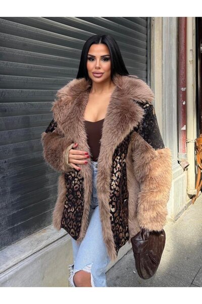 Lady Pixie Palton cu guler de blană cu paiete leopard brodate