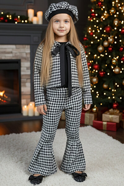 Parla Kids Girl's Black Lisbon Jacquard Plaid Jacket Trousers Cap Bottom Top New Year's Set