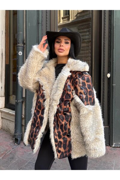 Lady Pixie Palton cu guler de blană cu paiete leopard brodate