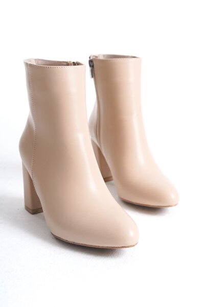 MARSEDO Γυναικείες μπότες Dara Beige - Πλαϊνό φερμουάρ, Οβάλ Μύτη, Χοντρό τακούνι