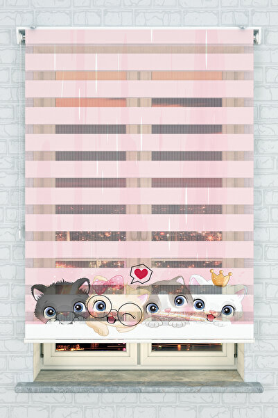 BeybiHome Çocuk Odası - Sevimli Kedicikler Baskılı Zebra Perde