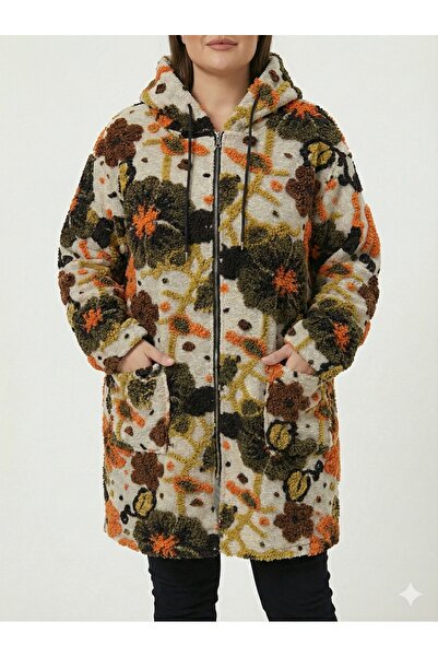 della moor Women's Beige Italian Plus Size Wool Long Felt Coat Floral Embossed Zippered K Hooded 40-52 Size