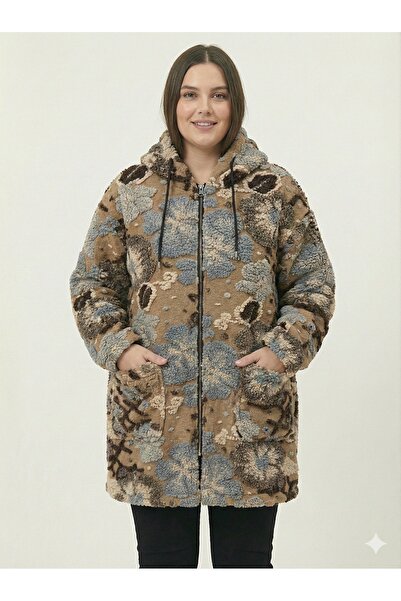 della moor Women's Camel Italian Plus Size Wool Long Felt Coat Embossed Zipper K Hooded 40-52 Size