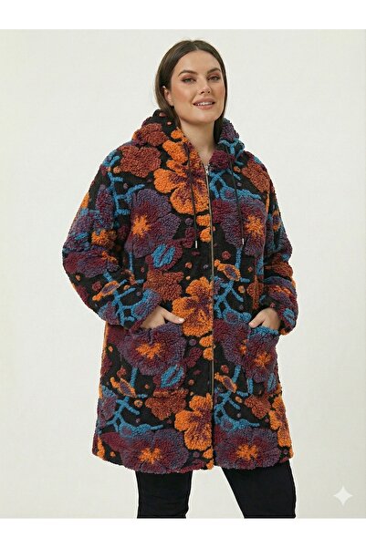 della moor Women's Black Italian Plus Size Wool Long Felt Coat Embossed Zipper Closure K Hooded 40-52 Size