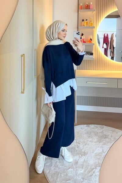 Hazamoda Πλεκτό σετ με λεπτομέρεια πουκάμισου Turuva σε μπλε ναυτικό