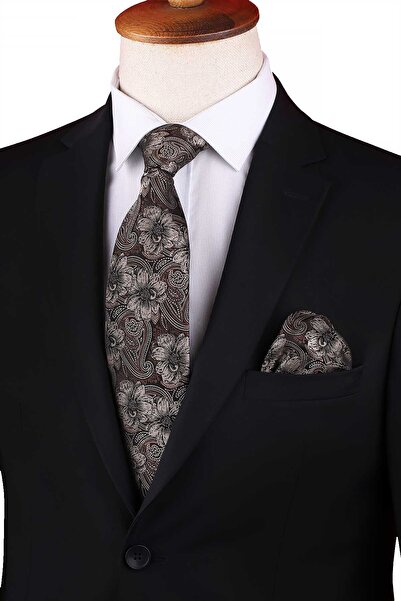 Kravatkolik Μπεζ - Καφέ Κλασική Γραβάτα με Μοτίβο Λουλουδιών KK12949