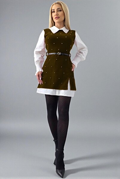 FashionForYou Φόρεμα Iuliana, κοντό κούρεμα με παγιέτες και ασορτί ζώνη, ΚΑΦΕ