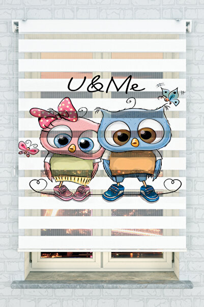 BeybiHome Çocuk Odası - Sevimli Baykuşlar Ve Kelebekler Baskılı Zebra Perde