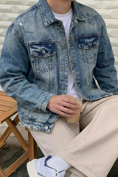 MADZEYMODA Чоловічий зручний крій, джинсова тканина, рвані деталі, синя джинсова куртка Mz612