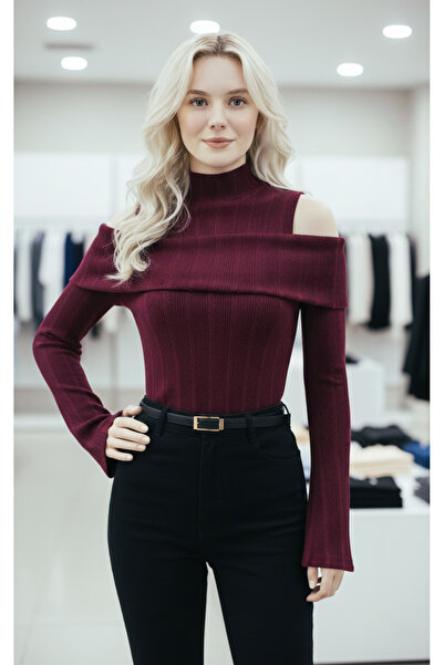 Moda Lounge Kadın Yeni Ürün Bordo Modanna Yaka İspanyol Kol Balıkçı Yaka Bürümcük Kumaş Bluz