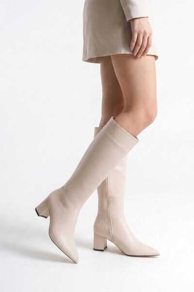 Niloshka Velora Beige Skin Women's Pointed Toe Zippered Heeled Boots