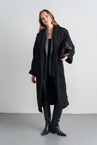 Nauve Prive Siyah Uzun Kaşe Belden Bağlamalı Kaban