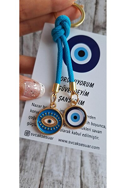 Svc Aksesuar Hediyelik Çift Nazar Boncuklu Anahtarlık - Mavi (10,5 cm)