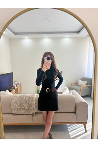 Butik Arkası Fermuarlı Kemerli Kumaş Mini Etek