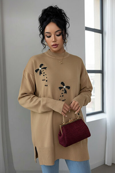 NEWCO Μακρυμάνικο πλεκτό τούνικ με κεντημένα λουλούδια, κομψό και άνετο, κατάλληλο για καθημερινά συνδυασμούς - Μπεζ