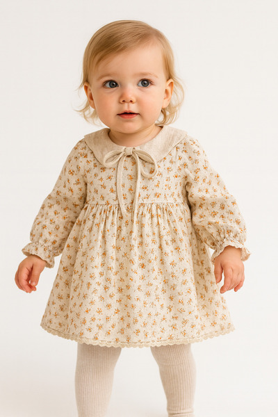 Yollo Kids Kız Bebek&Çocuk Elbise Çiçekli Yaka ve Tül Detaylı Müslin Kumaş