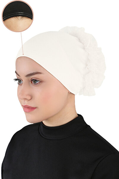 Ecardin Topuzlu Bandana Tesettür Bone Güpürlü - ST610 Krem