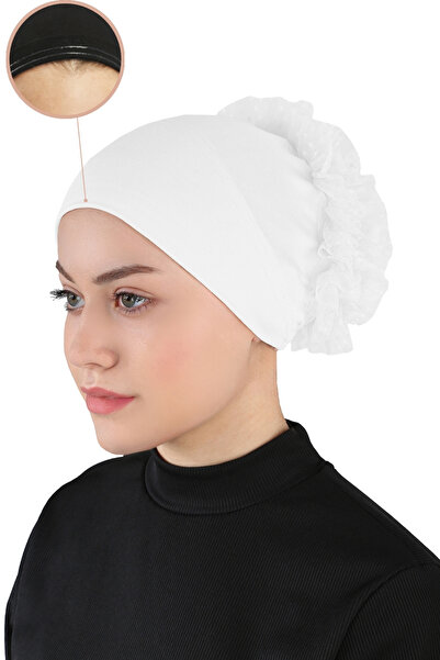 Ecardin Topuzlu Bandana Tesettür Bone Güpürlü - St 610 Beyaz