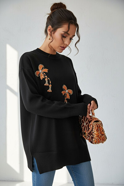 NEWCO Тюнік з довгими рукавами, прикрашений квітковим вишиванням, витончений і зручний, підходить для повсякденних образів - чорний