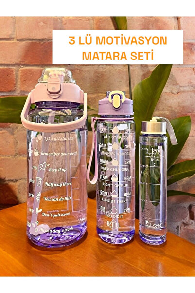 Ercazzo 3'lü Şeffaf Motivasyonel Su Matarası Su Şişesi Taşınabilir Matara Set...