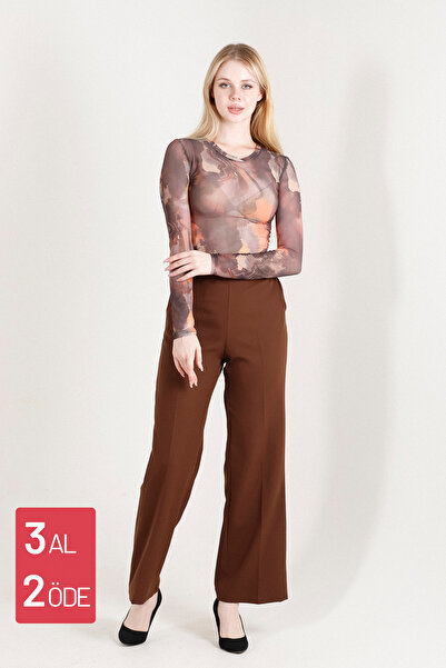 Balenbi Γυναικείο καφέ παντελόνι παλάζο ψηλής μέσης με λύκρα, Μοντέλο 1003.