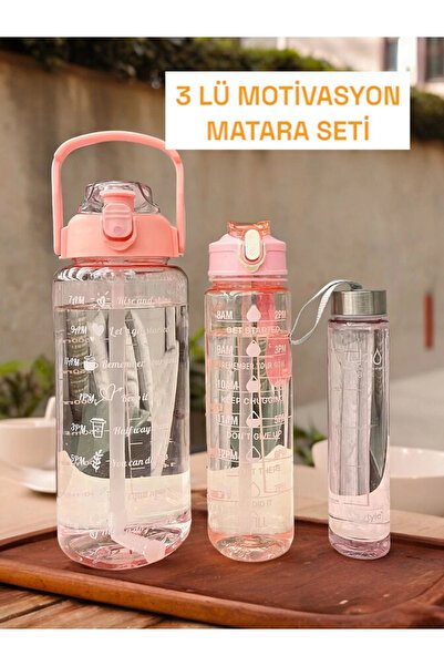 Ercazzo 3lü Şeffaf Motivasyon Kokusuz Stickerlı Spor Suluk Matara Pipetli Taş...