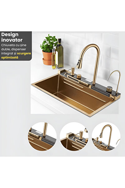 Full Abundance Set chiuvetă de bucătărie multifuncțională, oțel inoxidabil 304, LED, baterie extractibilă, auriu