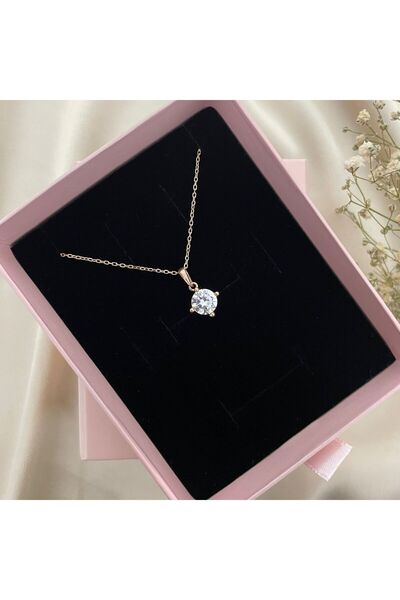 Lovera Jewellery 925 Ayar Gümüş Sertifikalı Rose Renk Beyaz Taşlı Tek Taş Kolye