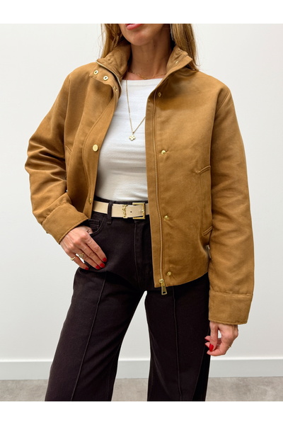 Maldia Shop Women's Suede Fabric Arden Bomber Tan Jacket