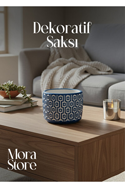 mora store Saksı Bohem Tarz Mavi Beton Saksı 14*10 cm