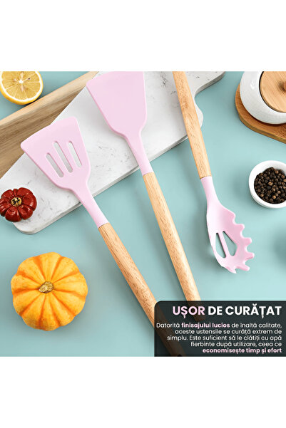 Full Abundance Premium 12-Piece Silicone Kitchen Utensil Set with Bamboo Handles, Pink