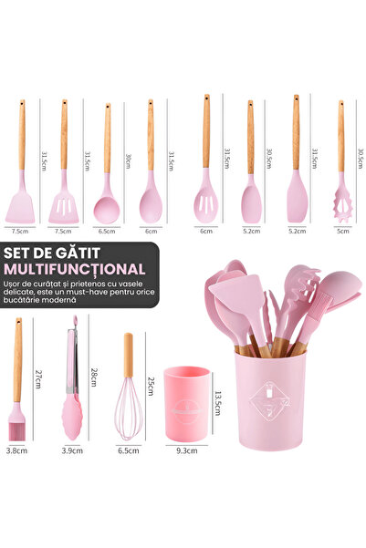 Full Abundance Premium 12-Piece Silicone Kitchen Utensil Set with Bamboo Handles, Pink