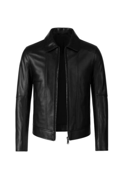 MODA Men's Black Plain Zippered Genuine Leather Jacket