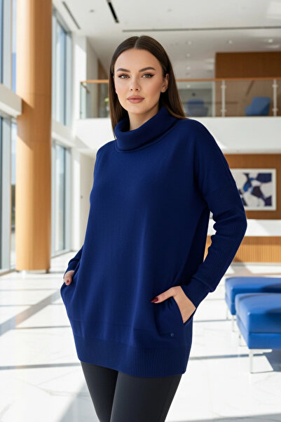 Bİ.GİYSEN Women's navy blue degaje collar side pocket Stretch Fabric fine knit blouse