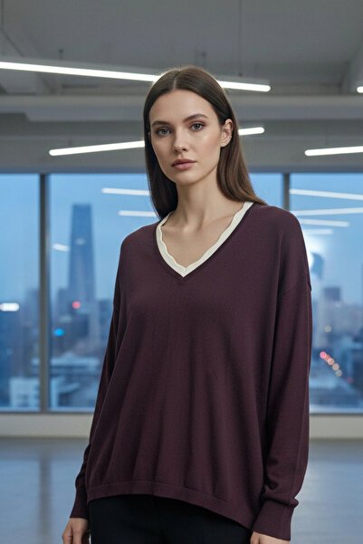 Bİ.GİYSEN Women's Coffee Color V-Neck Collar Double Color Cotton Knit Lycra Thin Knitwear Buluz