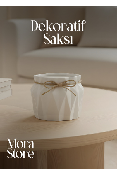 mora store Dekoratif Beyaz Beton Vazo El Yapımı Modern Minimal Tasarım Saksı ...
