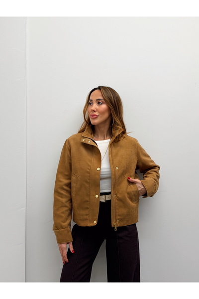 Maldia Shop Women's Suede Fabric Arden Bomber Tan Jacket