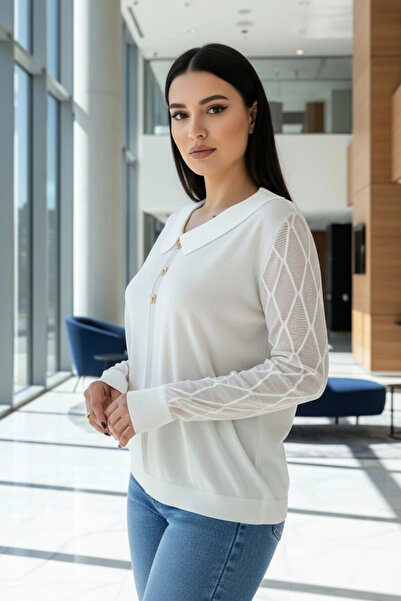 Bİ.GİYSEN Women's white baby collar sleeves openwork mesh glitter lycra soft textured thin knitwear sweater