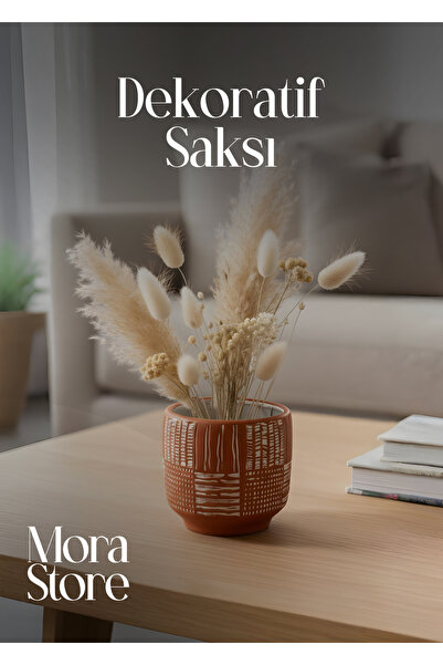 mora store Antik Desenli Klasik Meşe Beton Saksı 12,5x11 Cm