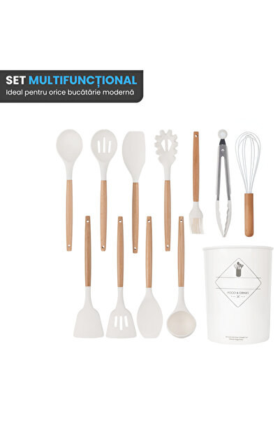 Full Abundance Premium 12-Piece Silicone Kitchen Utensil Set with Bamboo Handles, White