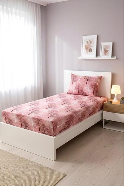 üntaş Life 100x200 Single Elastic Sheet +1 Pillow Case Pink Wood Ecpmbeağç
