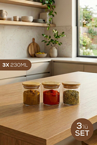 Vienev Set of 3 Glass Jars with Bamboo Lids 230 ml - Food Organizer Storage Container (6.5X8Cm)