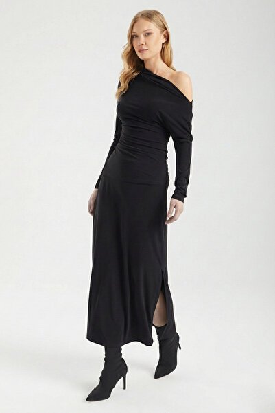 By Yaren Yazıcı Women's Brown Elastic Waist Form Slit Maxi Skirt Day and Night Style