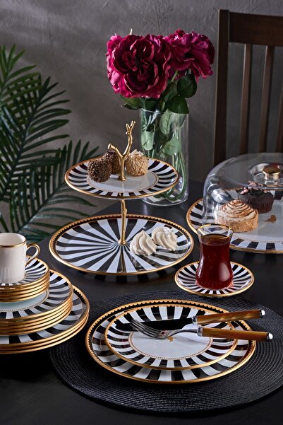 Onedekor 34 Parça Iwon Black Bird Altın Yaldızlı 6 Kişilik Pasta Çay Servis İkram Takımı