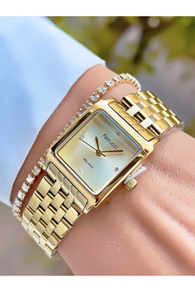 Ferrucci ساعة يد نسائية ذات تصميم مربع من الفولاذ وسوار هدية