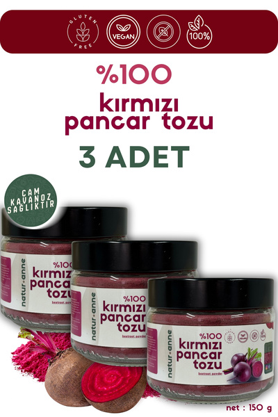 NATURANNE Kırmızı Pancar Tozu 3 Adet 150 gr Cam Kavanoz - Doğal , Katkısız , Koruyucusuz , Premium