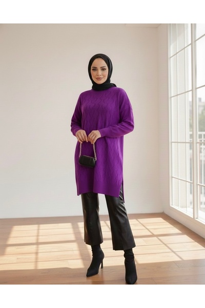 ERLINE Μωβ πλεκτό τούνικ με λαιμόκοψη με κρύο νήματα