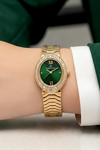 Daniel Klein Stoned Case Waterproof Women Wristwatch Gold Gumus Green Color Steel Cord Gift Bracelet Dkby2042C3