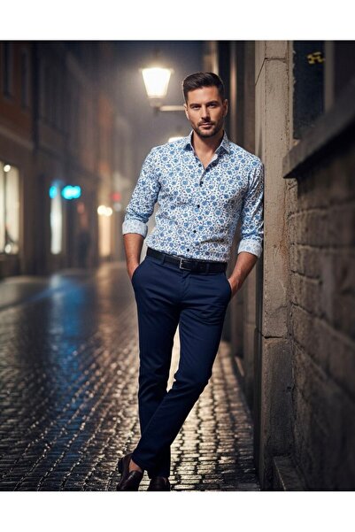 YusGos Long Sleeve Cotton Easy Iron Floral Pattern Regular Fit Premium Men's Shirt Turquoise XL